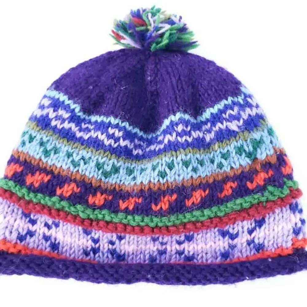 Ganesh Nimal 100% Wool Winter Hat Nepal Purple Adult Multicolor, Beanie Top